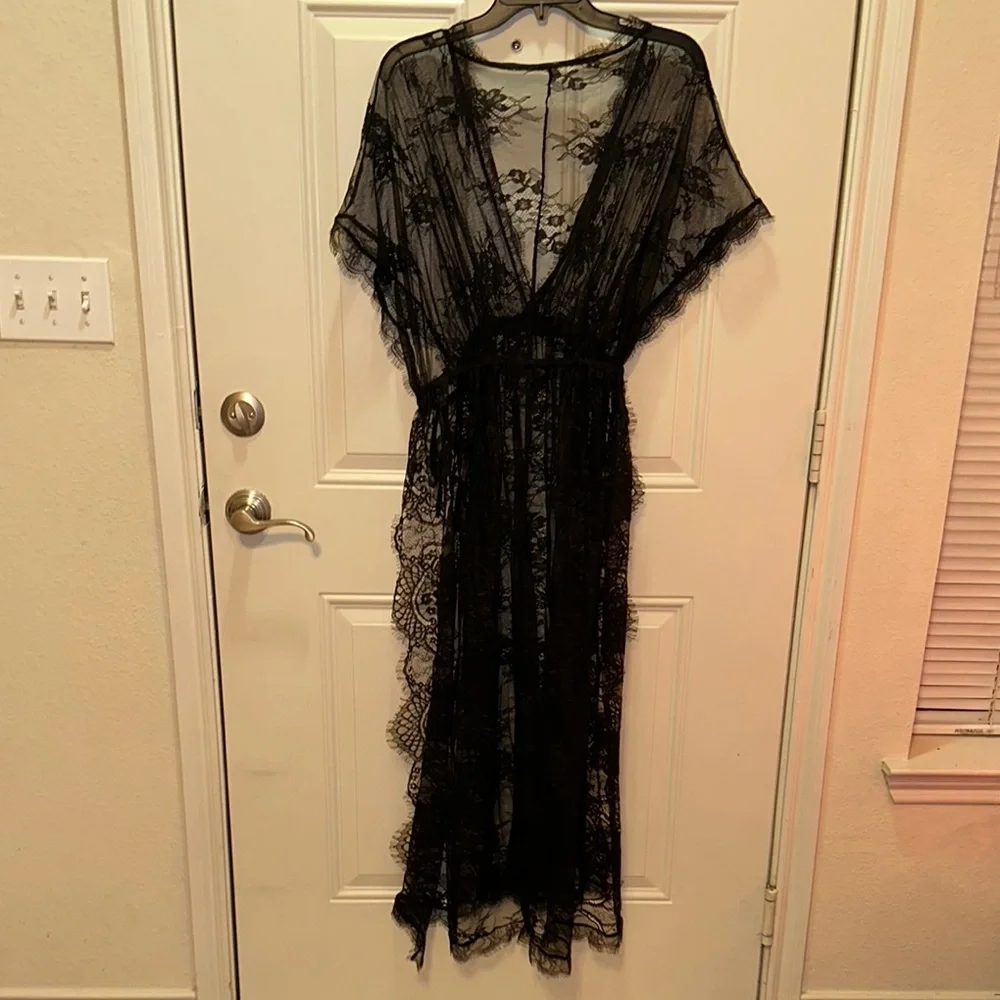 Vvbehot Sheer Black Lace Robe‎ with Deep V-Neck and Flowing Design